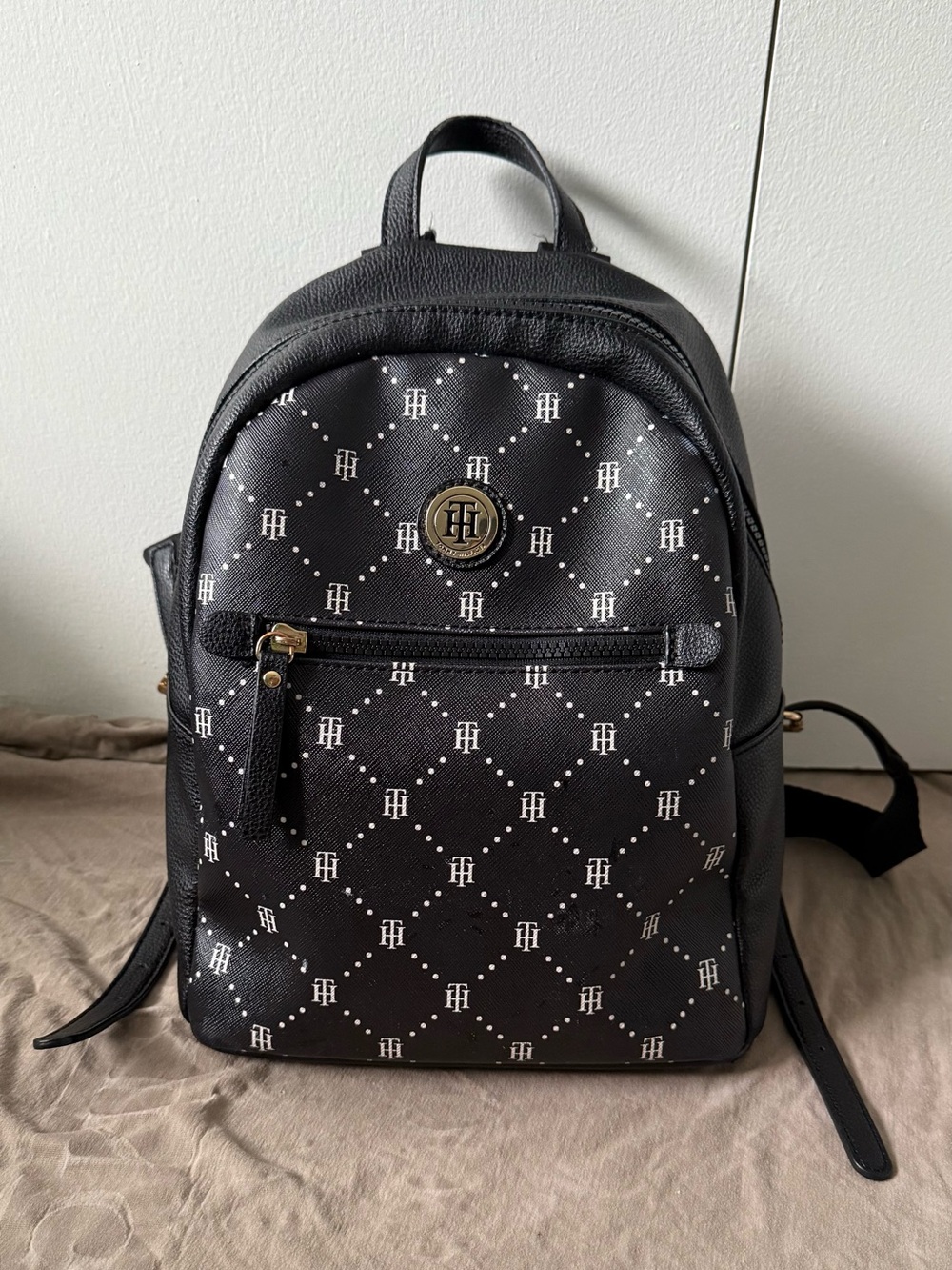 Tommy Hilfiger Black Logo-Pattern Mini Backpack with Gold Accent